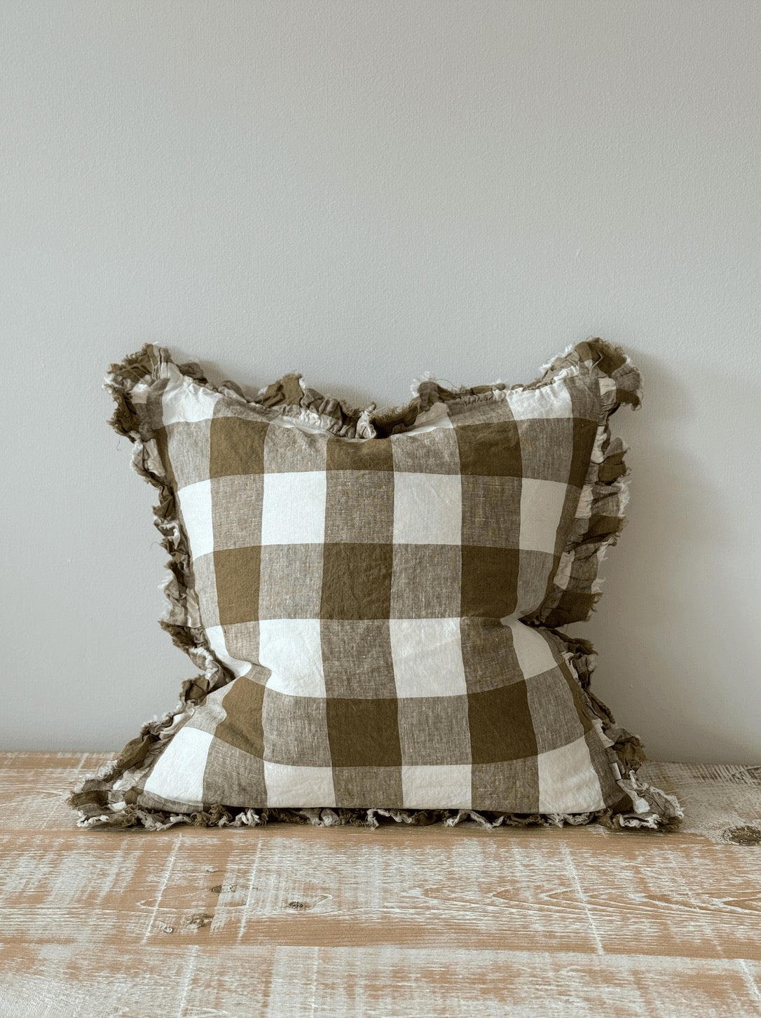 Hallie Olive Gingham Ruffle Cushion