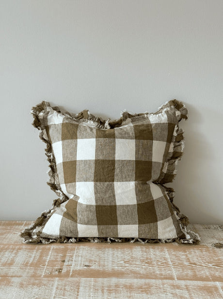 Hallie Olive Gingham Ruffle Cushion