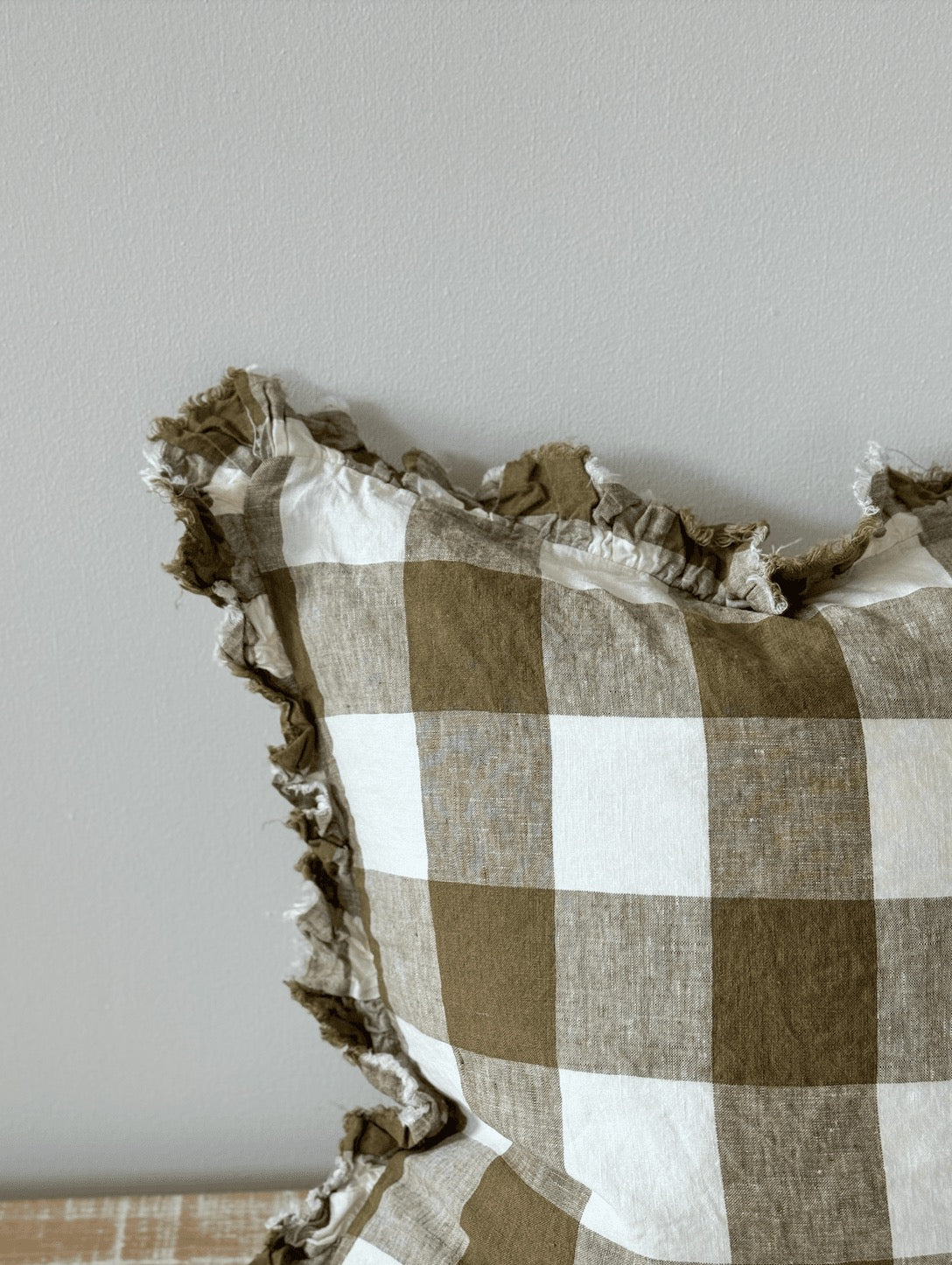 Hallie Olive Gingham Ruffle Cushion