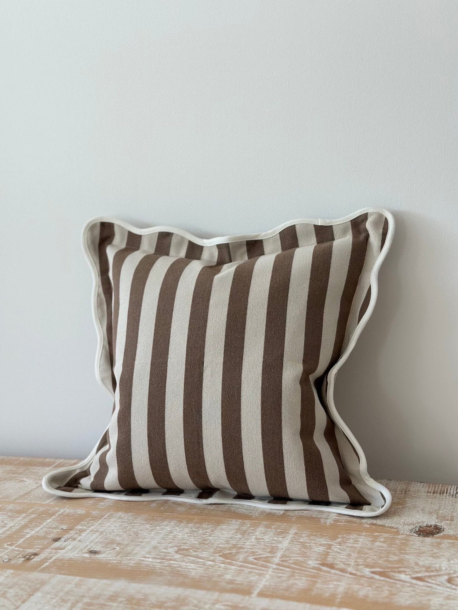 Chloe Brown Stripe Scalloped Edge Cushion