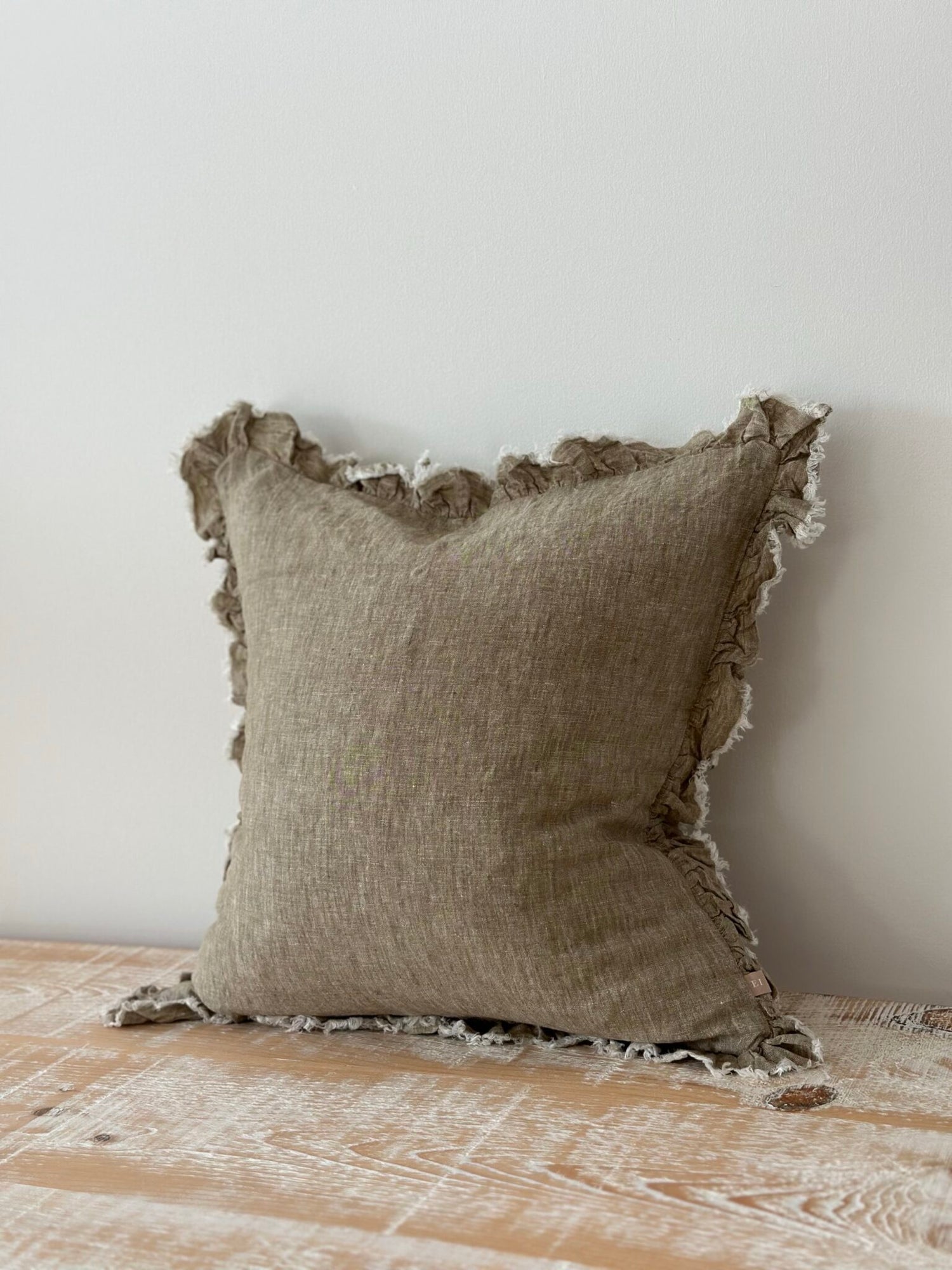 Hallie Ruffled Linen Cushion – Washed Olive - 2 sizes