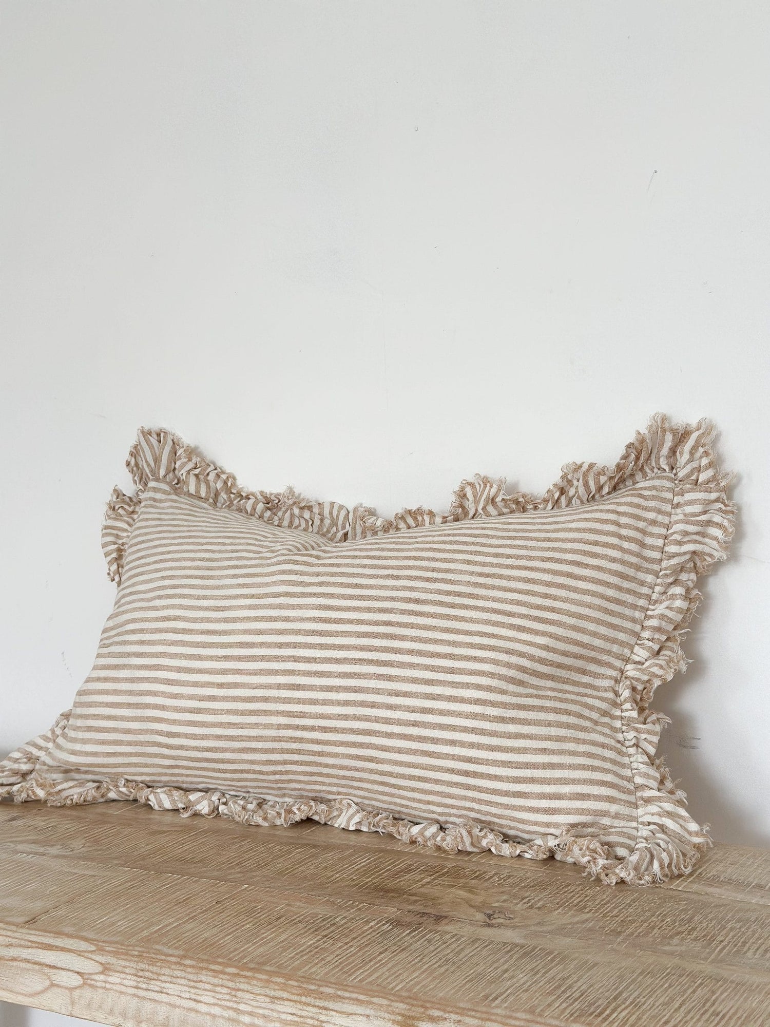Hallie Light Brown Stripe Ruffle Cushion  2 sizes