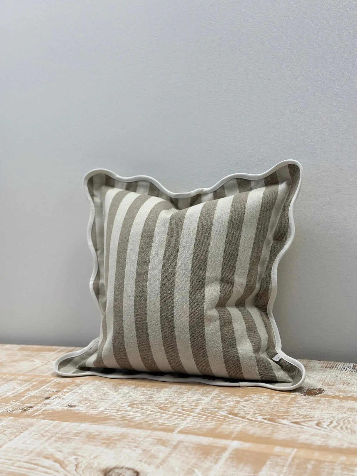 Chloe Greige Stripe Scalloped Edge Cushion