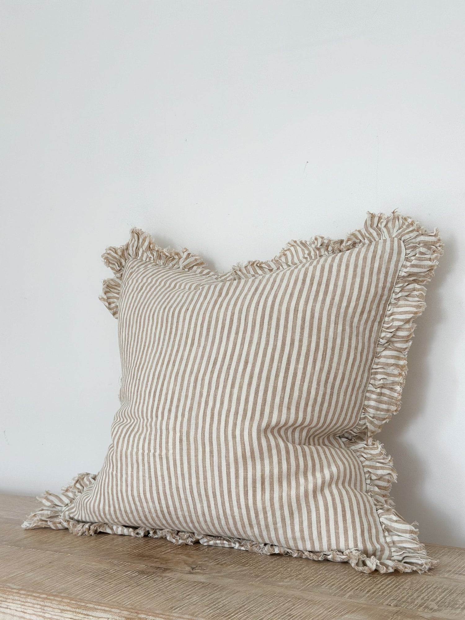 Hallie Light Brown Stripe Ruffle Cushion  2 sizes