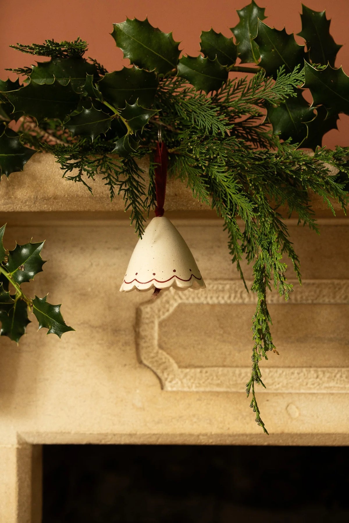 Scalloped Ceramic Hanging Bell - Berry or Moss