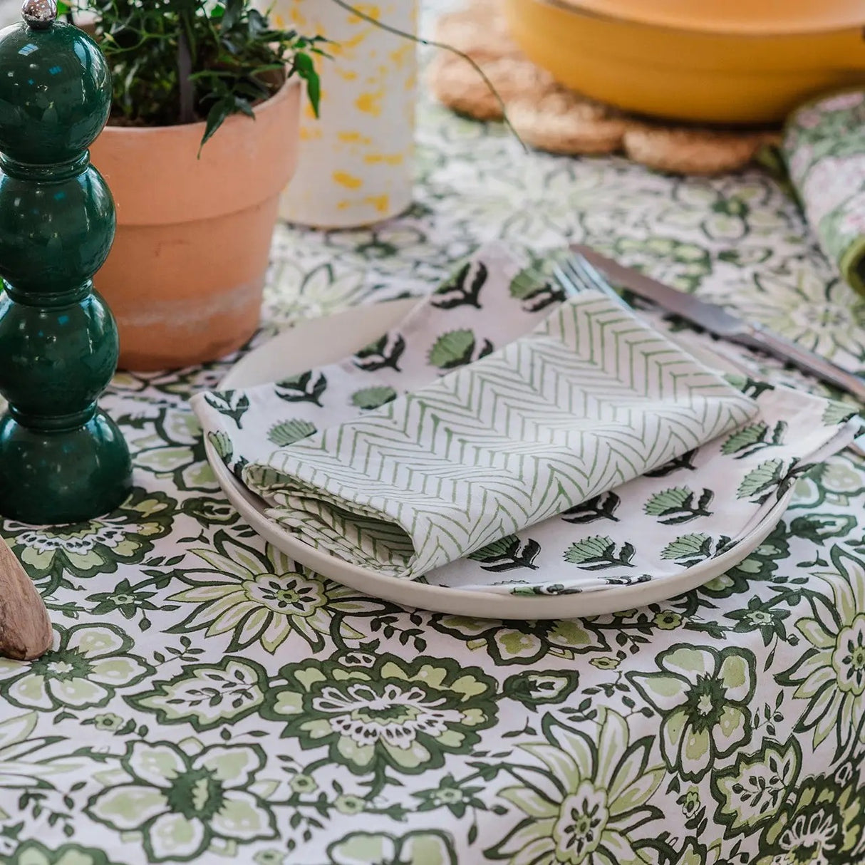 MEADOW GREEN hand block printed tablecloth - 2 sizes