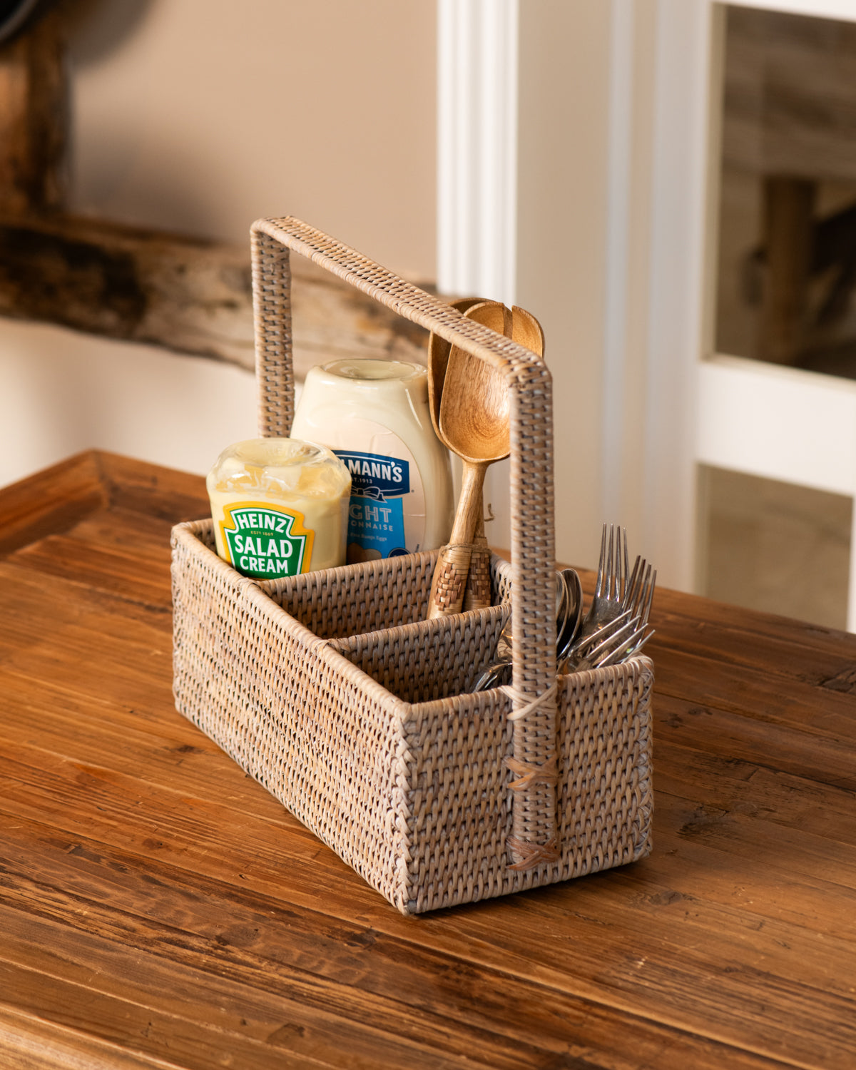 3 SECTION RATTAN UTENSIL CADDY WITH FLAT HANDLE