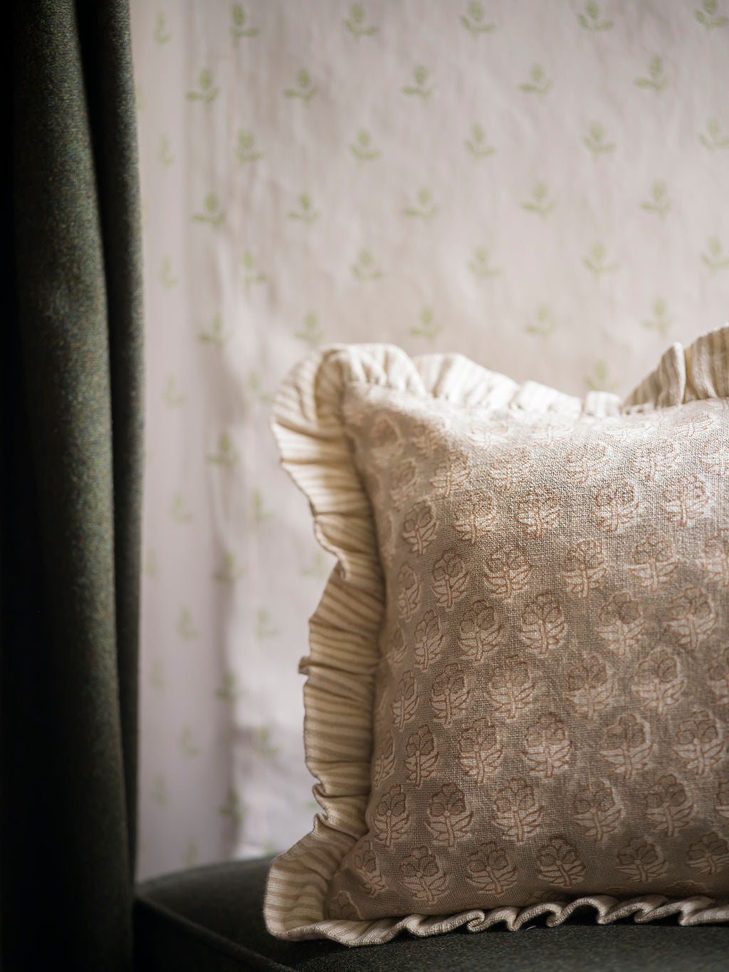 Block Print Frill Cushion - Taupe