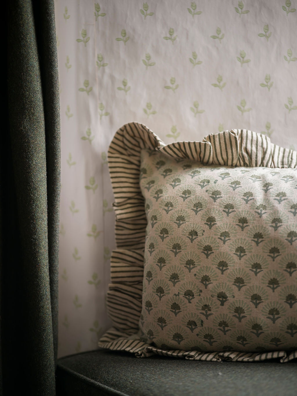 Fanflower Block Print Cushion - Forest