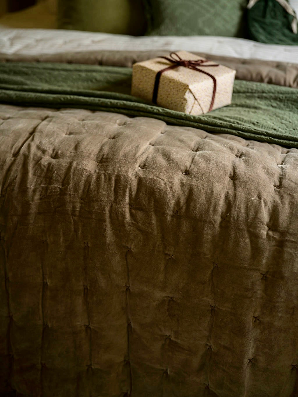 Indian Cotton Velvet Bedspread with Pinstripe reverse - Taupe