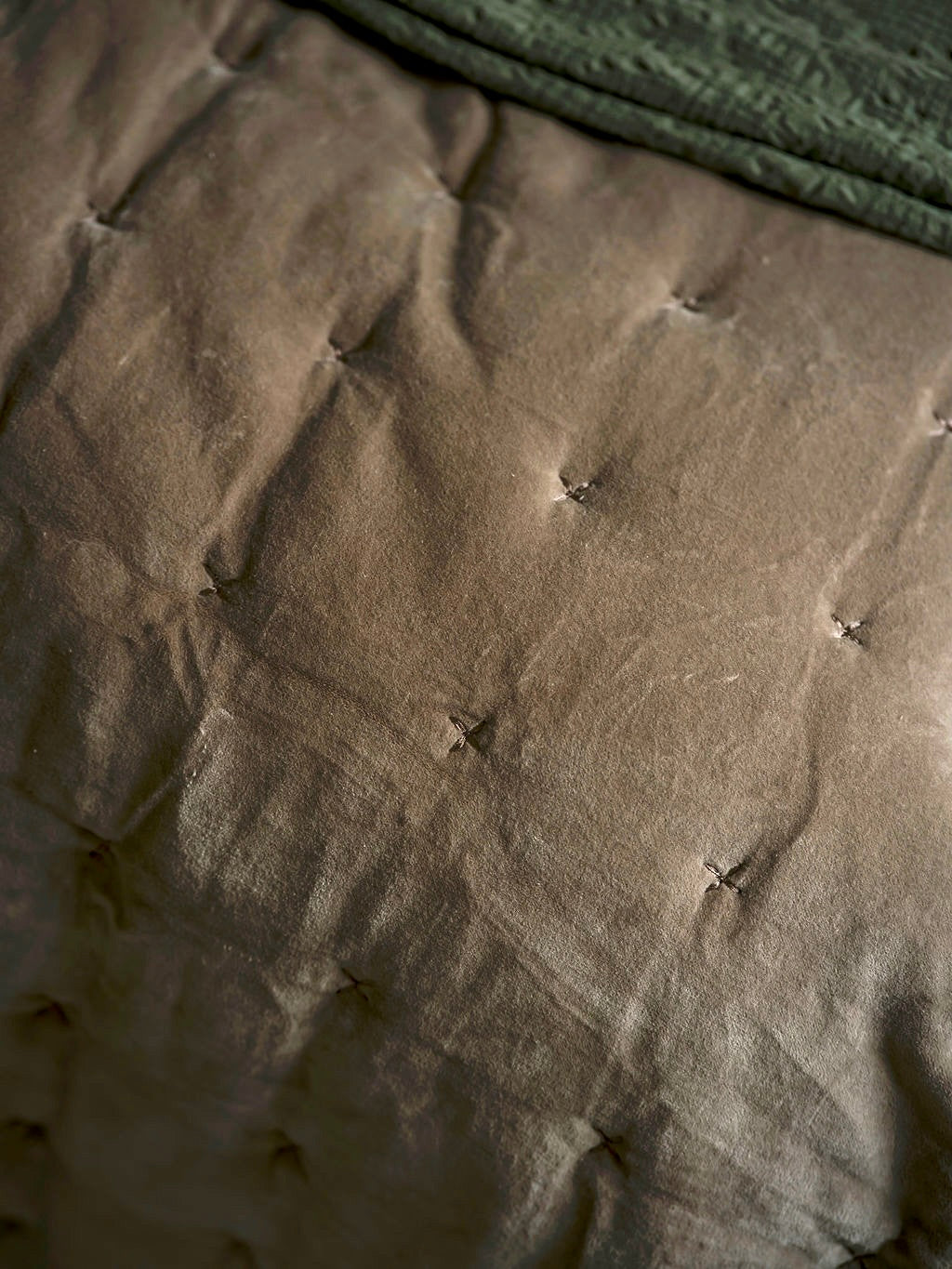 Indian Cotton Velvet Bedspread with Pinstripe reverse - Taupe