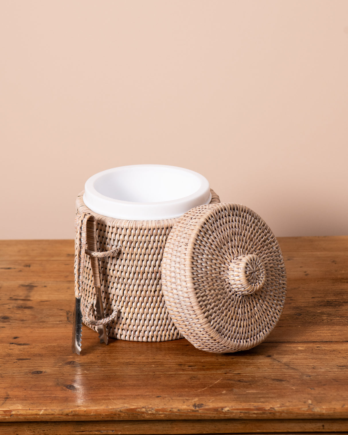 White Rattan Ice Box with Tongs