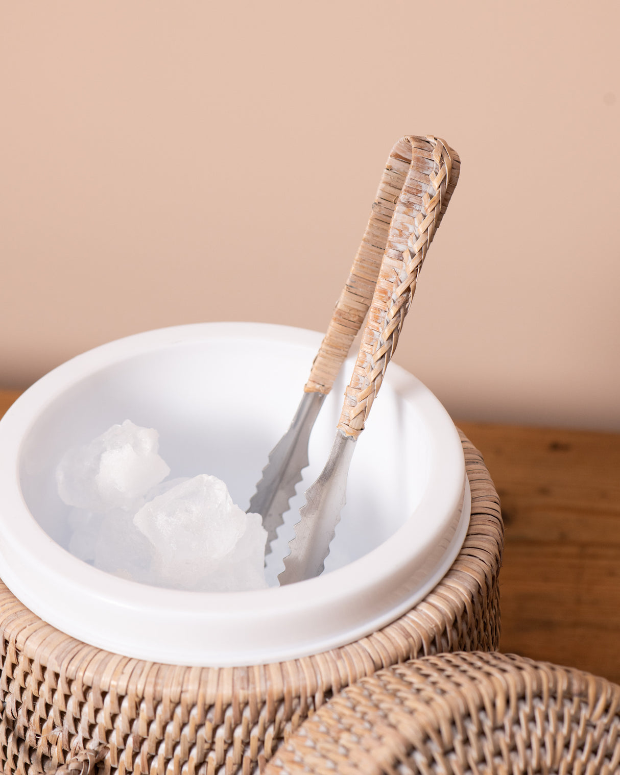White Rattan Ice Box with Tongs