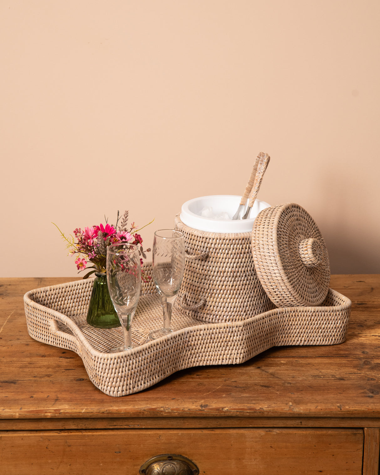 White Rattan Ice Box with Tongs