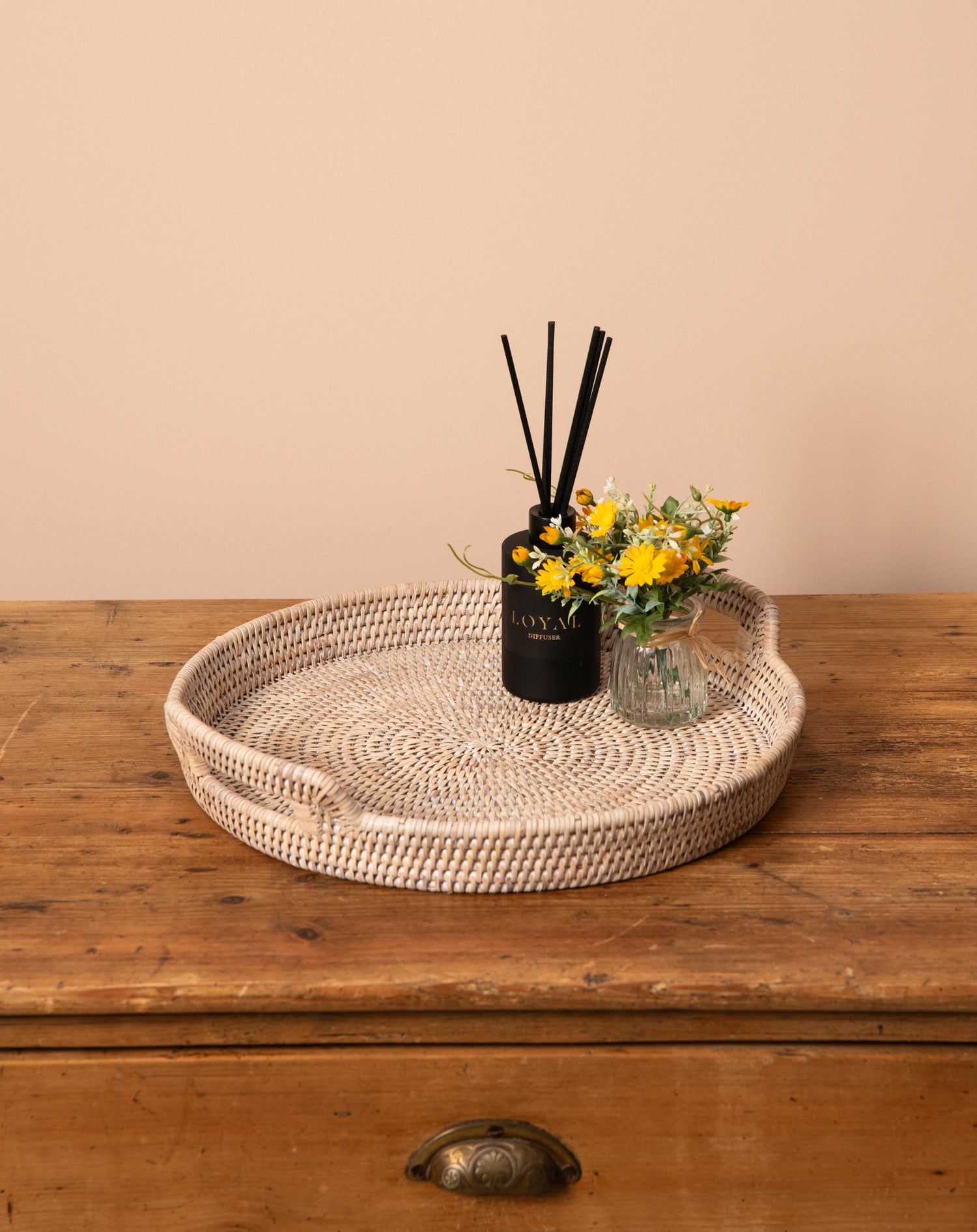 Natural White Limed Round Rattan Tray