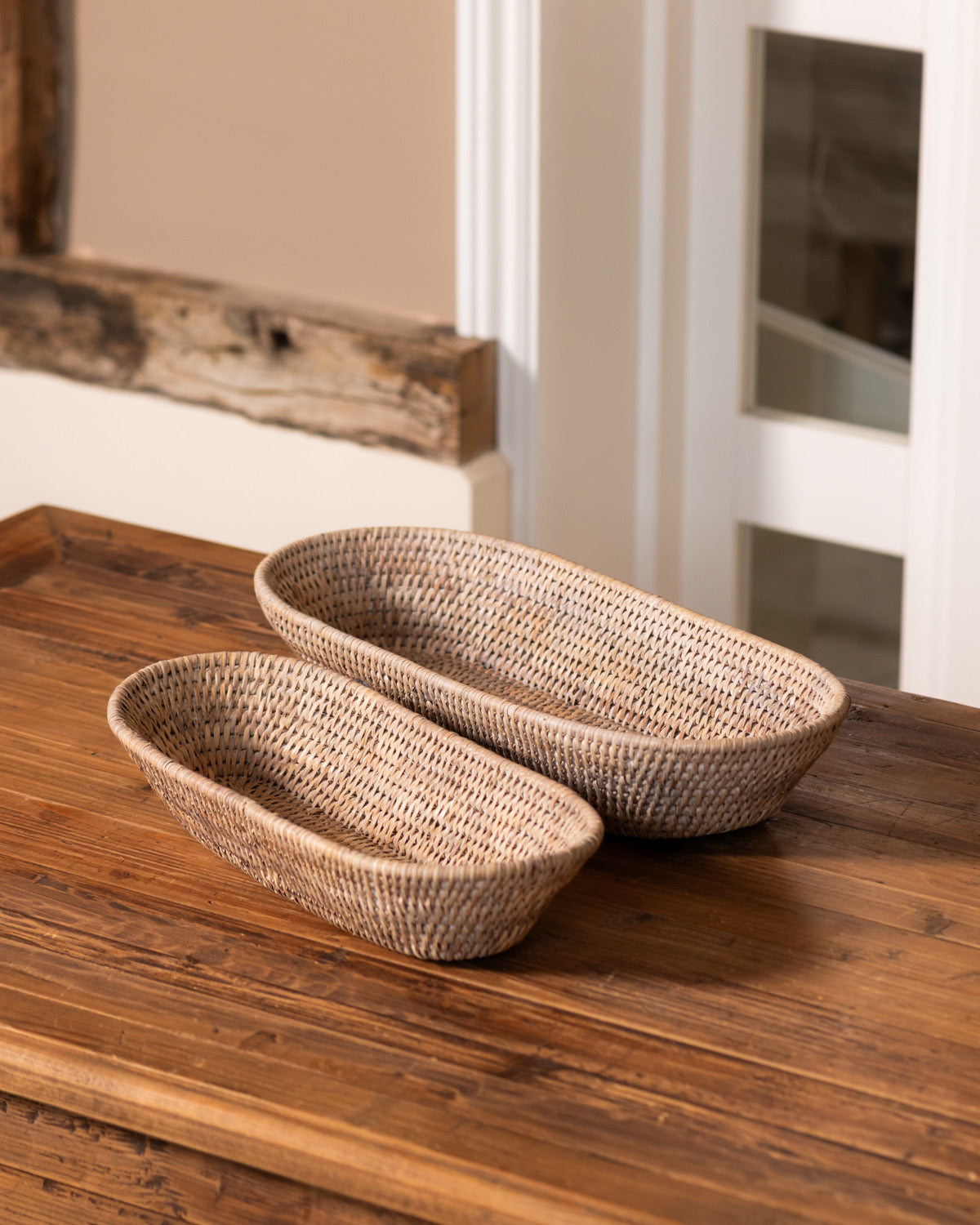 SET OF 2 LONG OVAL RATTAN TRAYS