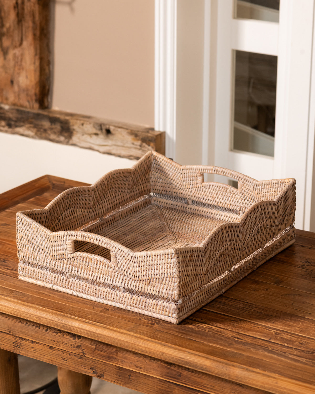 White Rattan Scalloped Rectangular Baskets - 2 sizes