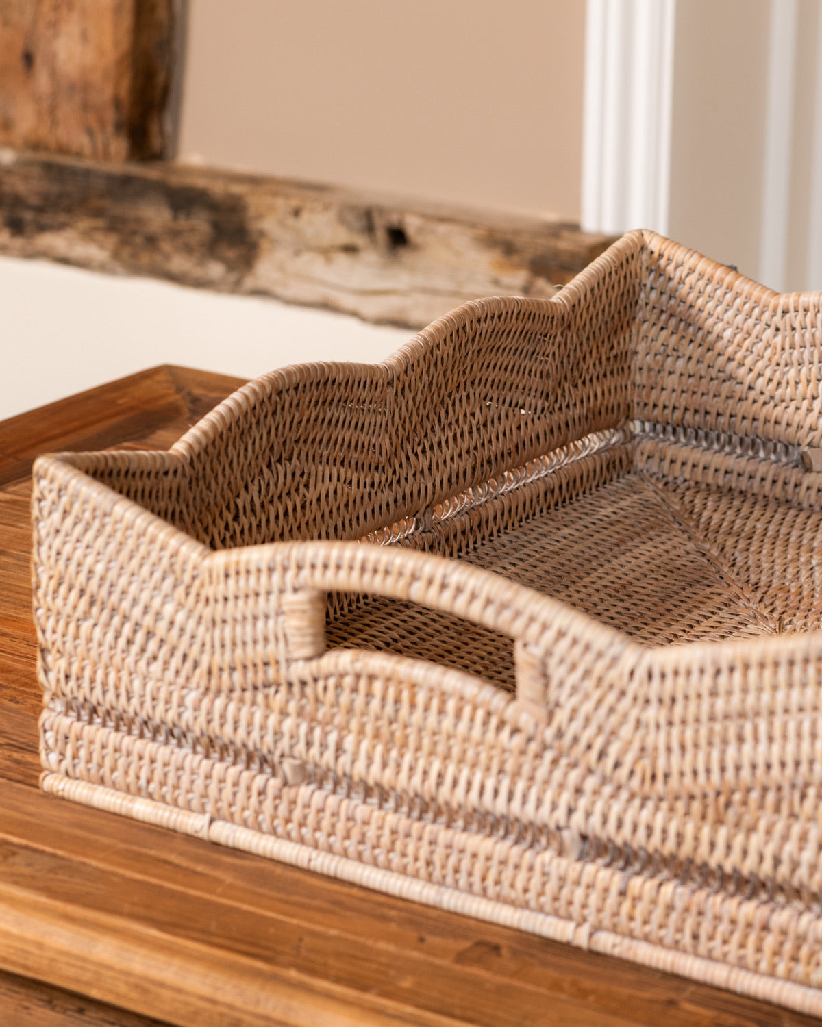White Rattan Scalloped Rectangular Baskets - 2 sizes