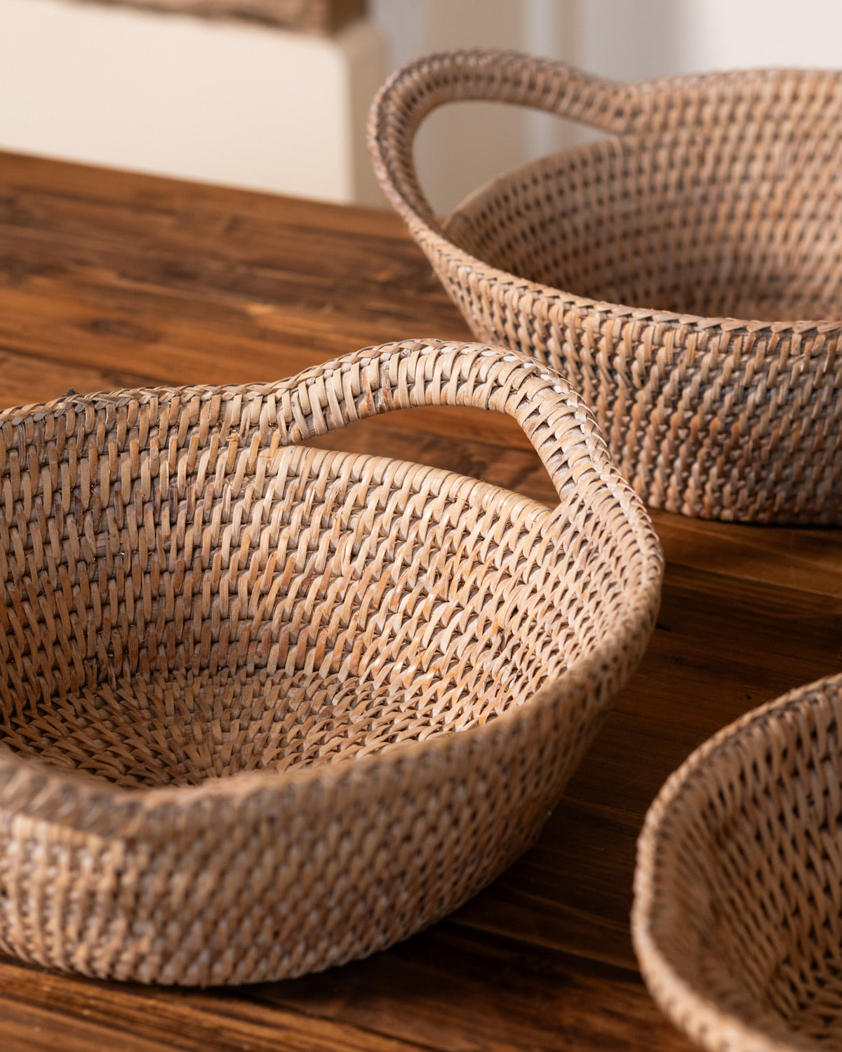 SET OF 3 SMALL RATTAN ROUND BREAD BOWLS