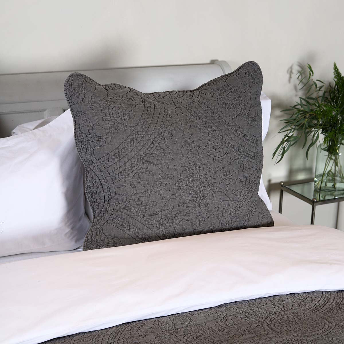 CHARCOAL GREY STITCHED QUILTED PILLOW SHAM COVER