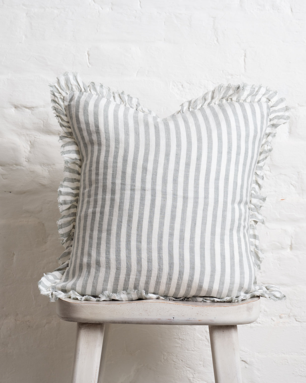 Tilly Ruffled Linen Cushion – Sage stripe - 2 sizes