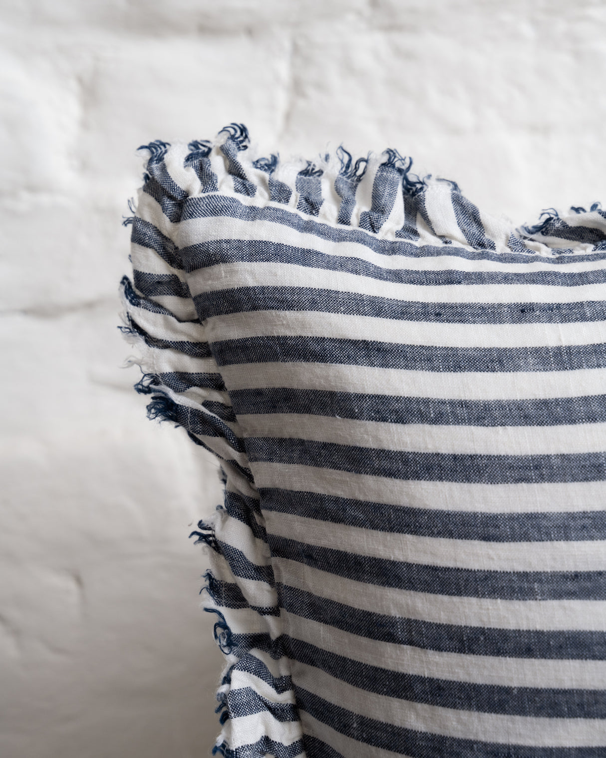 Tilly Ruffled Linen Cushion – Navy Blue stripe - 2 sizes
