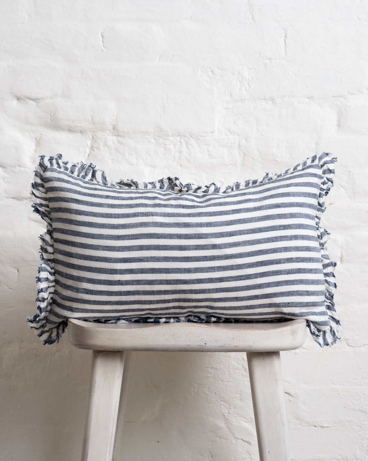 Tilly Ruffled Linen Cushion – Navy Blue stripe - 2 sizes