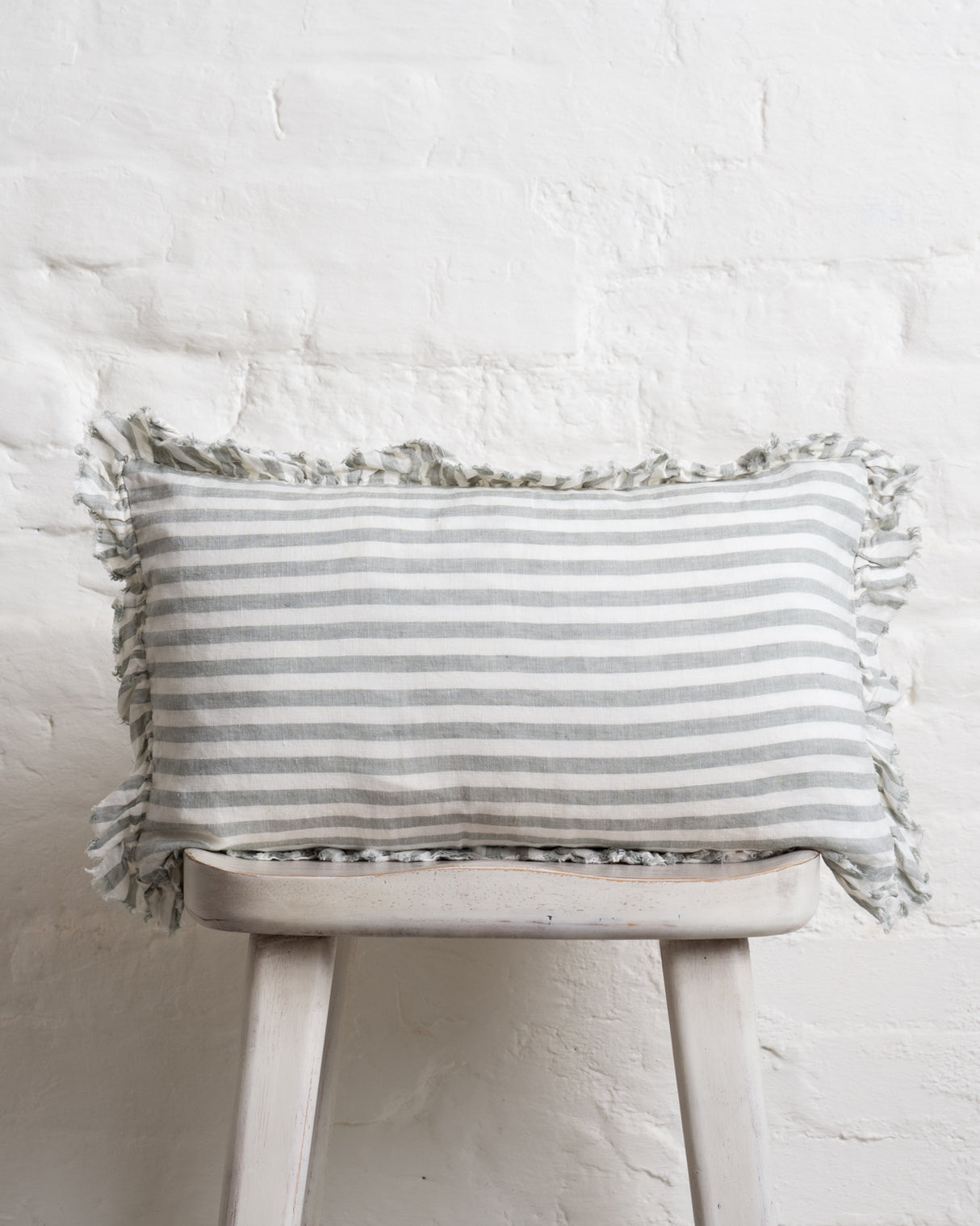 Tilly Ruffled Linen Cushion – Sage stripe - 2 sizes