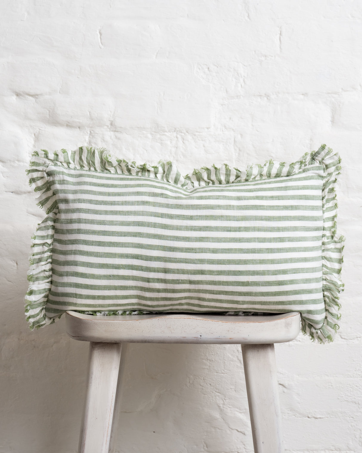 Tilly Ruffled Linen Cushion – Green stripe - 2 sizes