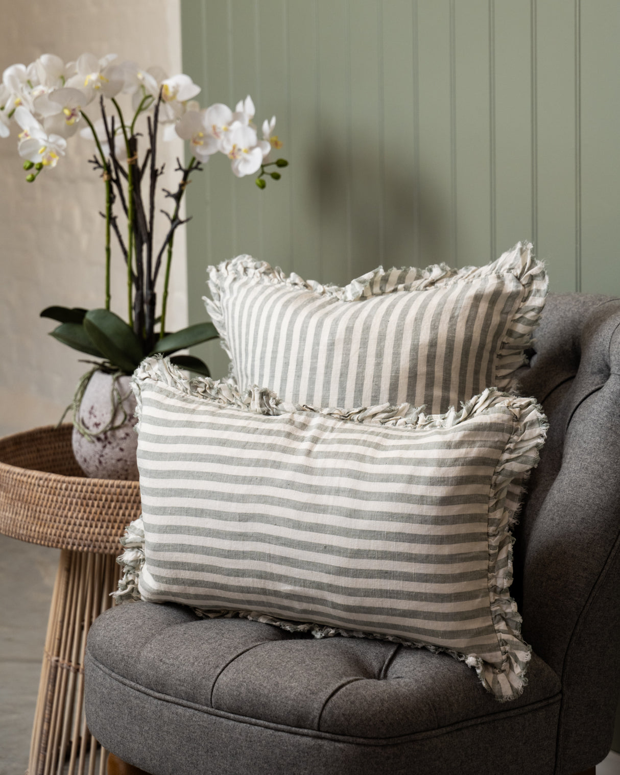Tilly Ruffled Linen Cushion – Sage stripe - 2 sizes