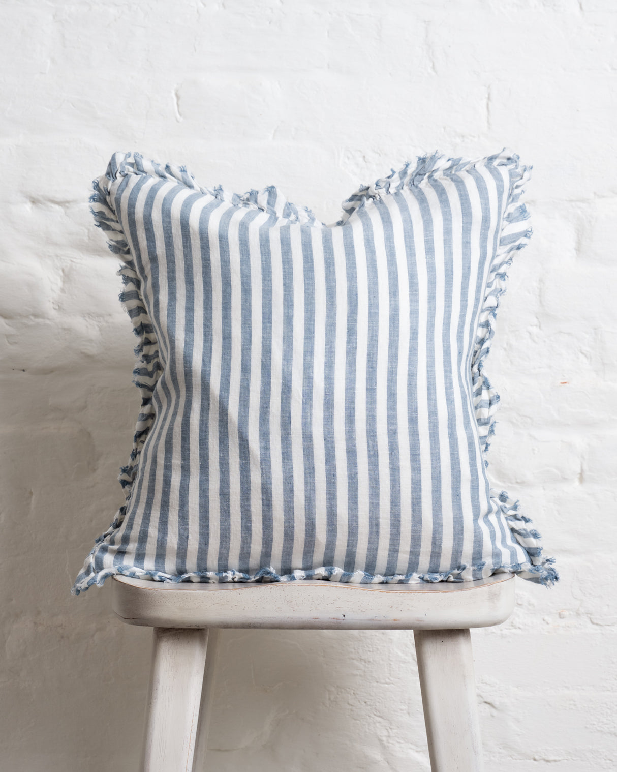Tilly Ruffled Linen Cushion – Blue stripe - 2 sizes