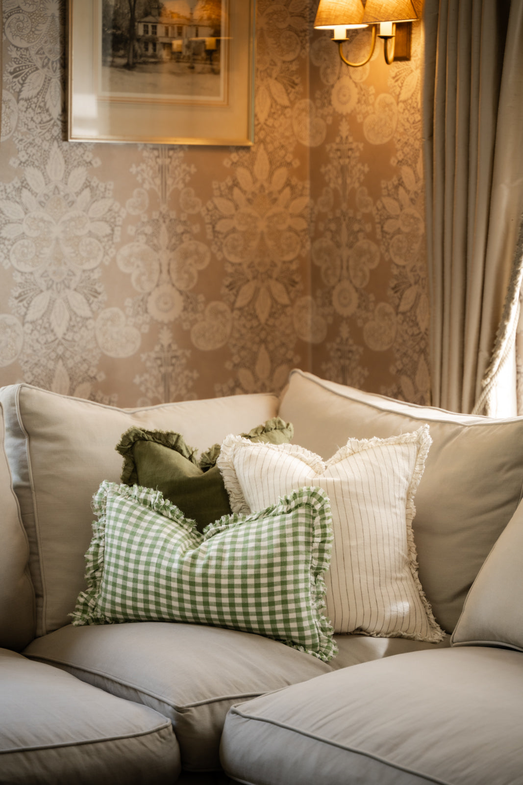 Tilly - Green Gingham Linen frilled edge cushion - 2 sizes