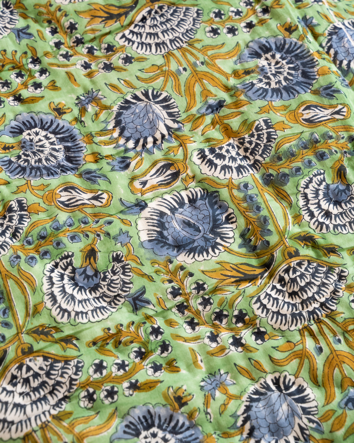 Block print hand made Quilted Bedspread - Green/blue