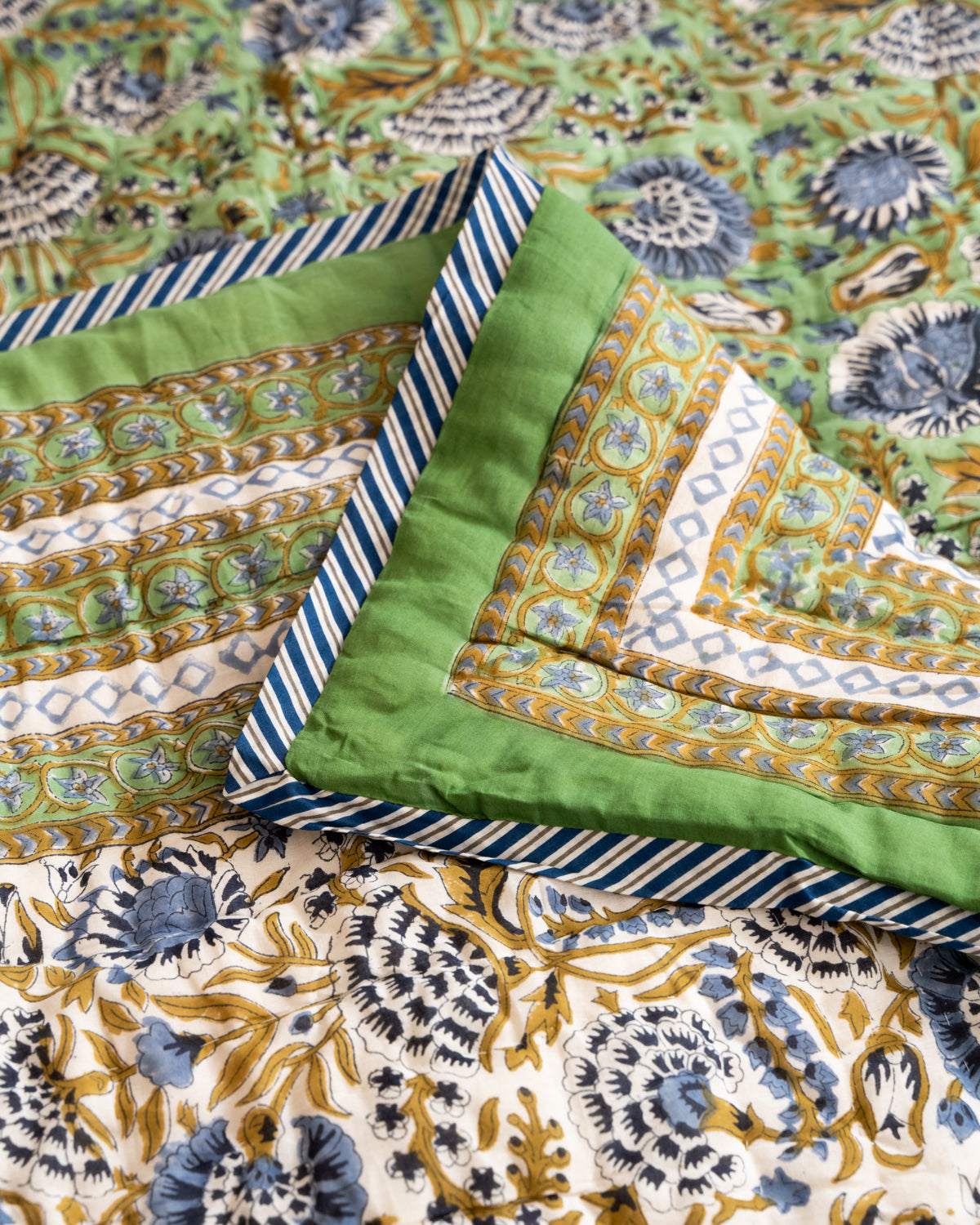 Block print hand made Quilted Bedspread - Green/blue