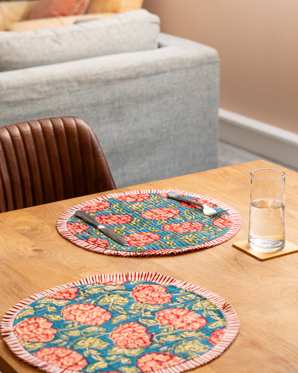 Traditional block print Red floral round table mat with frill S/6