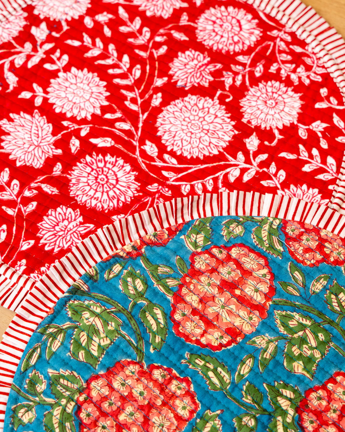 Traditional block print Red floral round table mat with frill S/6