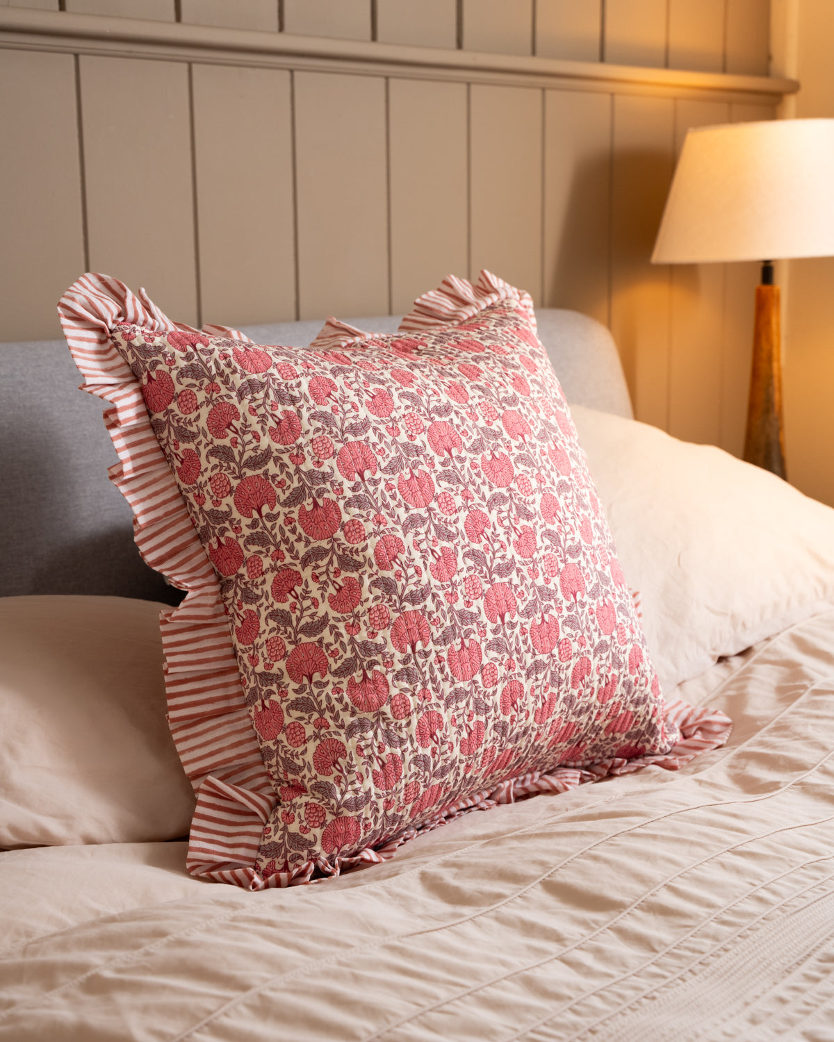 Block Print Pink Quilted Cushion 45cm