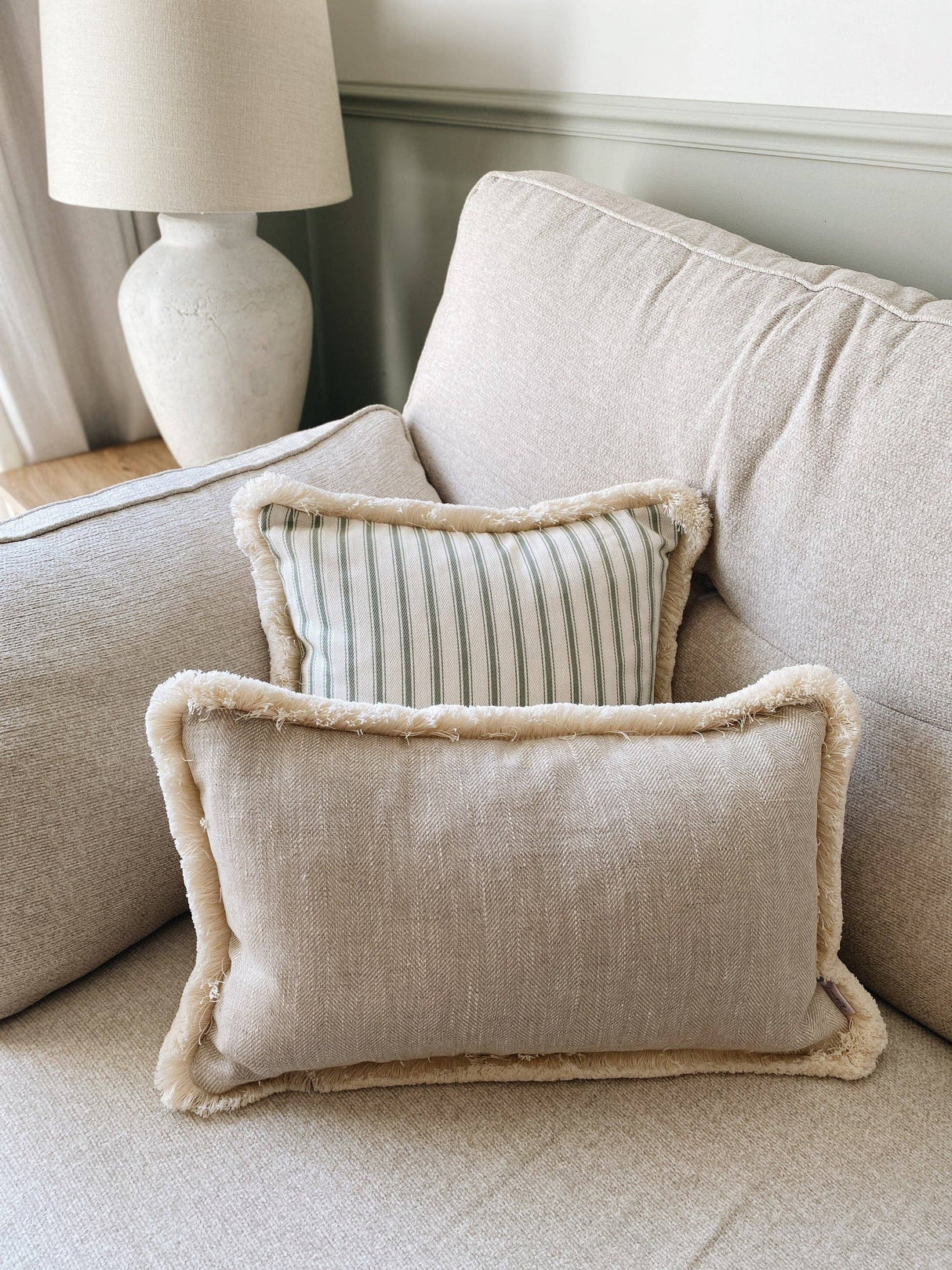 The Riley Green Ticking Stripe Fringed Cushion