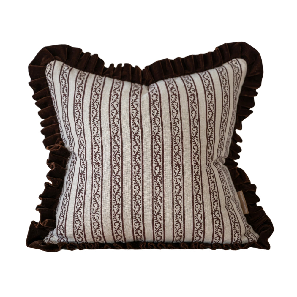 Ada Dark Brown Stripe Velvet Scalloped Edge Cushion 45cm