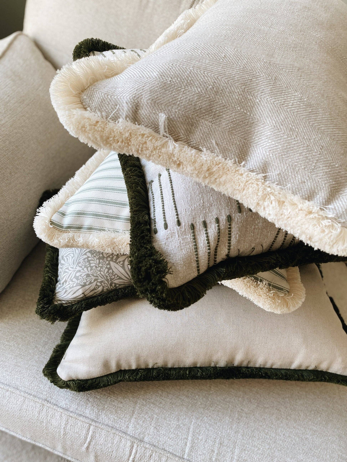The Riley Green Ticking Stripe Fringed Cushion
