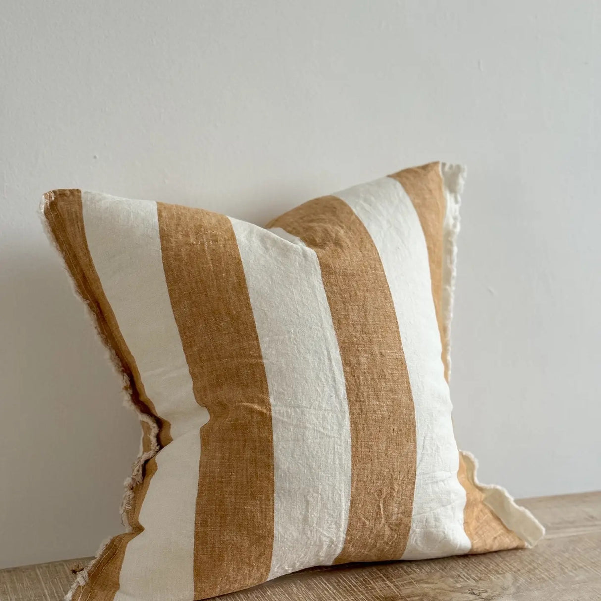 Esmee Linen Cushion  45cm – Frayed Edge Mustard Stripe