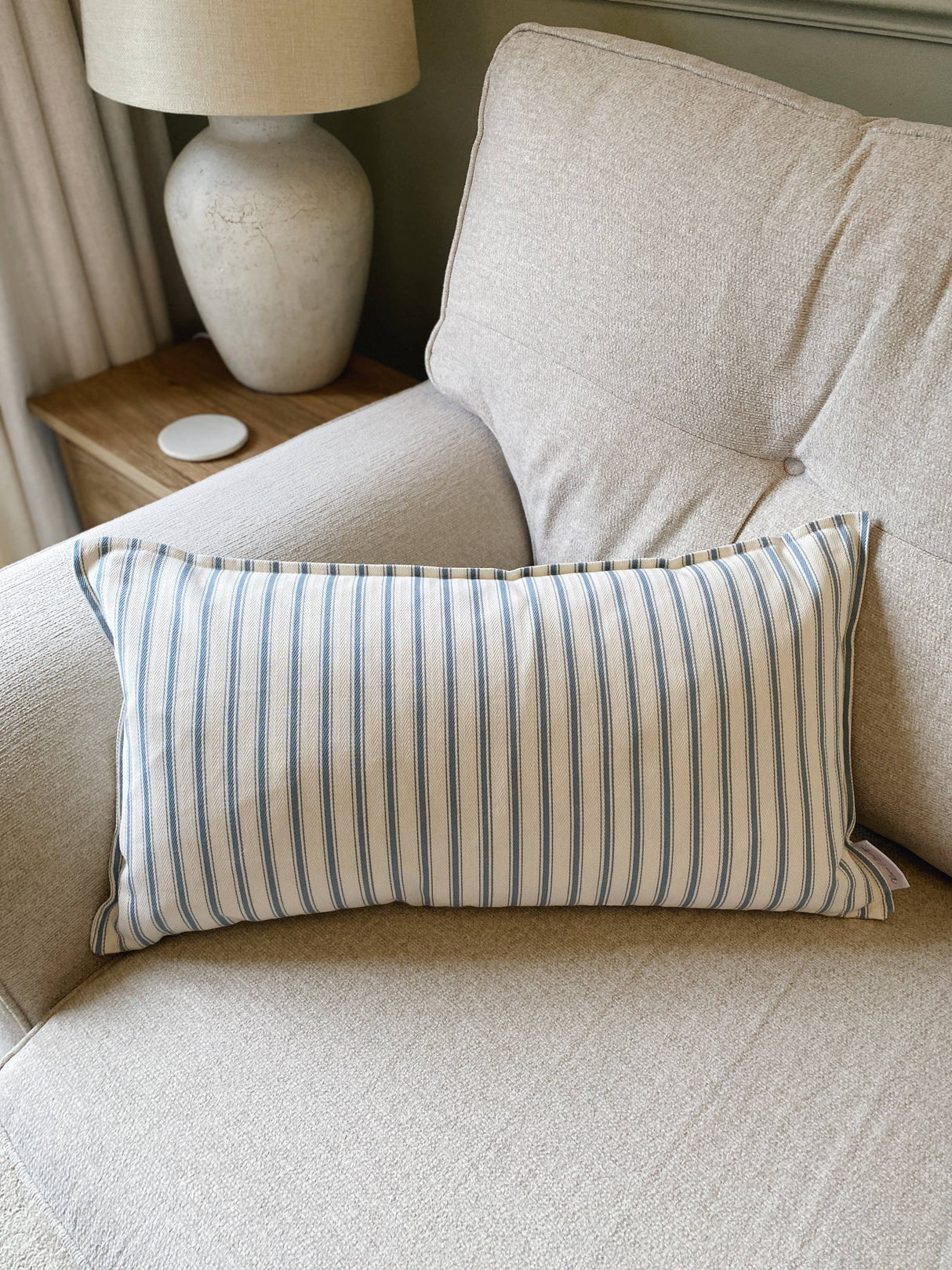 The Riley Blue Ticking Stripe Oxford Edge Cushion