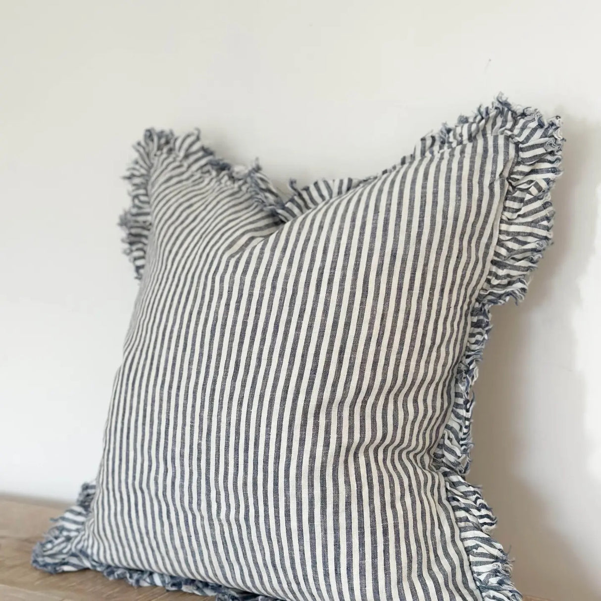 Hallie Ruffled Linen Cushion Cover 45cm – Navy Stripe