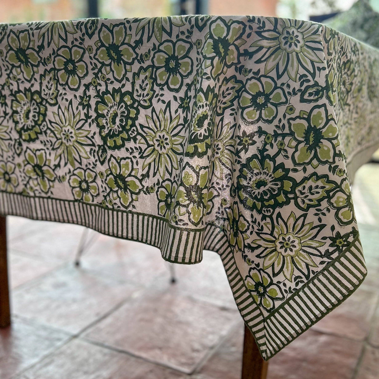 MEADOW GREEN hand block printed tablecloth - 2 sizes