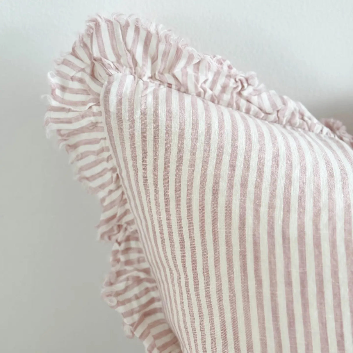 Hallie Ruffled Linen Cushion – Pink & Cream 45cm