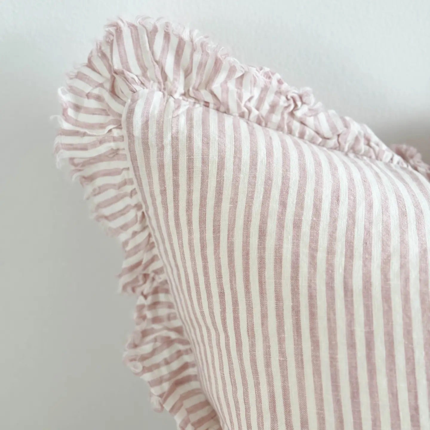 Hallie Ruffled Linen Cushion – Pink & Cream 45cm