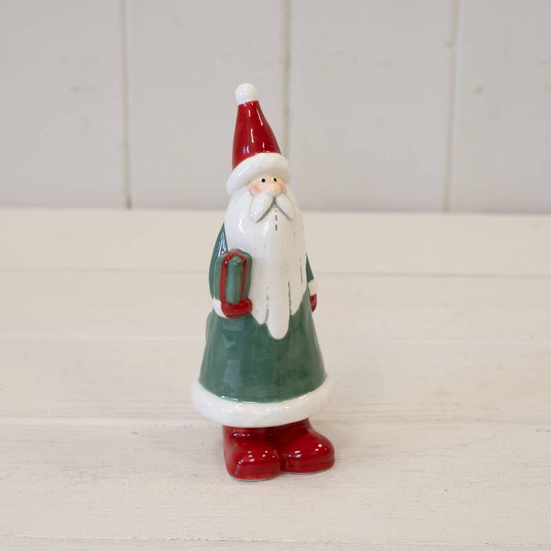 Ceramic Green Santa Holding A Present 14cm