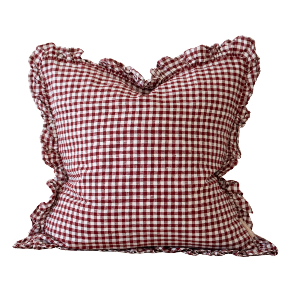 Hallie Burgundy Gingham Ruffle Cushion - 2 sizes