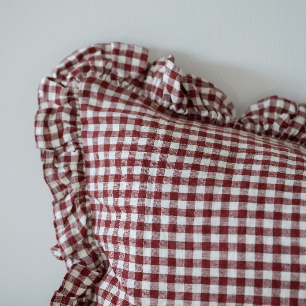 Hallie Burgundy Gingham Ruffle Cushion - 2 sizes
