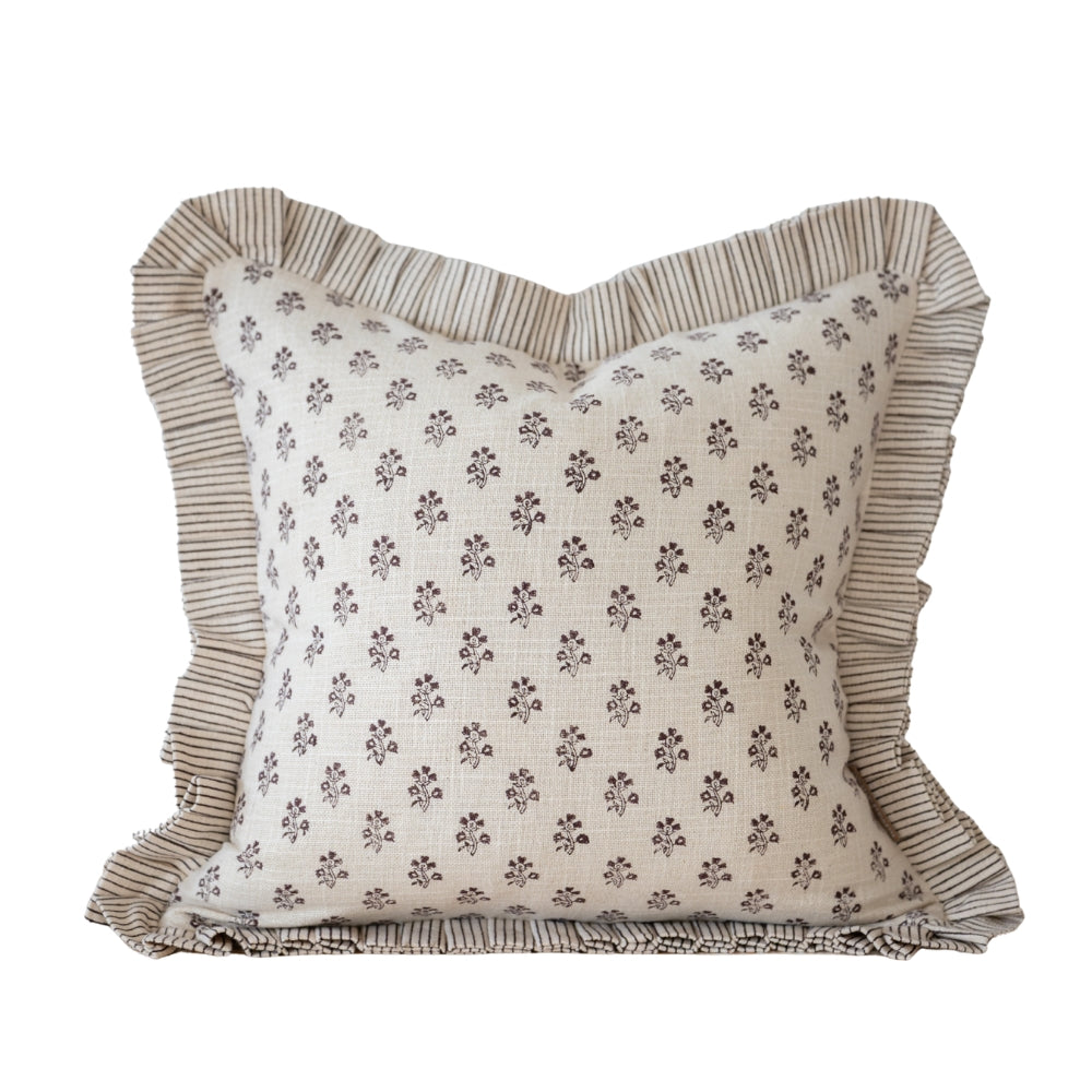 Lily Dark Brown Print Ruffle Edge Cushion 45cm